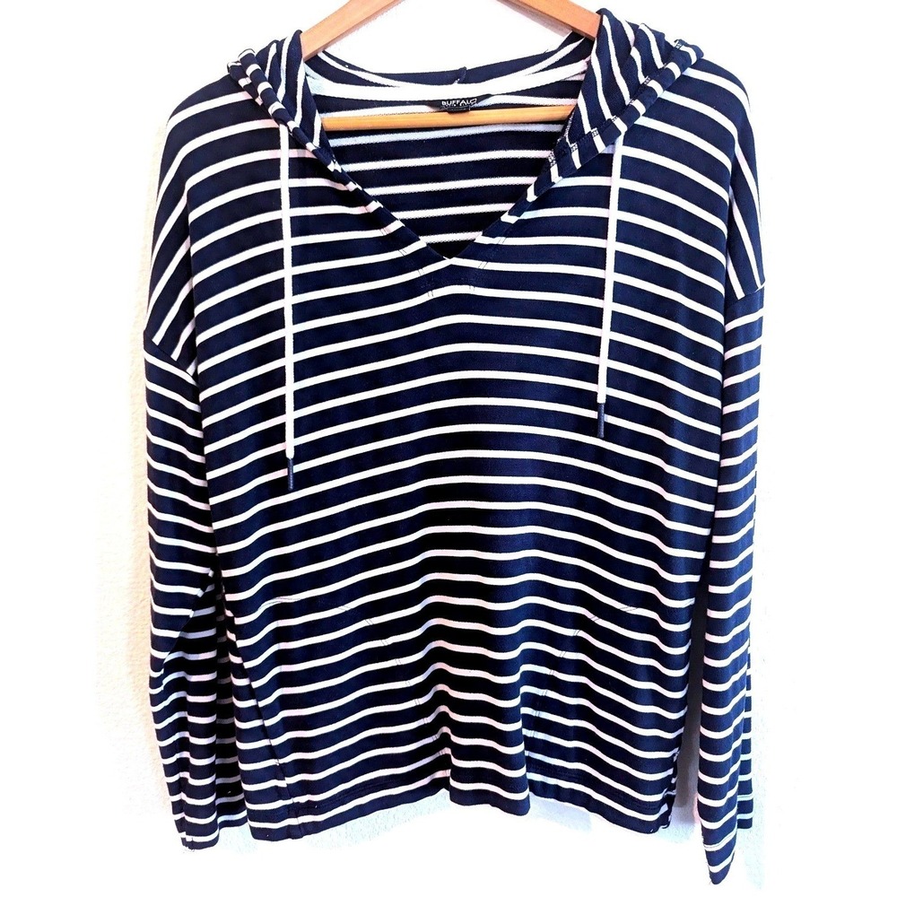 Buffalo David Bitton Striped Hooded Top Womens Medium Navy White Drawstring